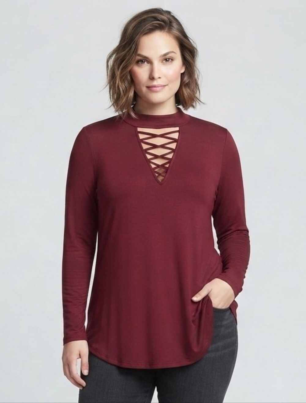 No Boundaries - Lattice-Front Long Sleeve Top - Burgundy